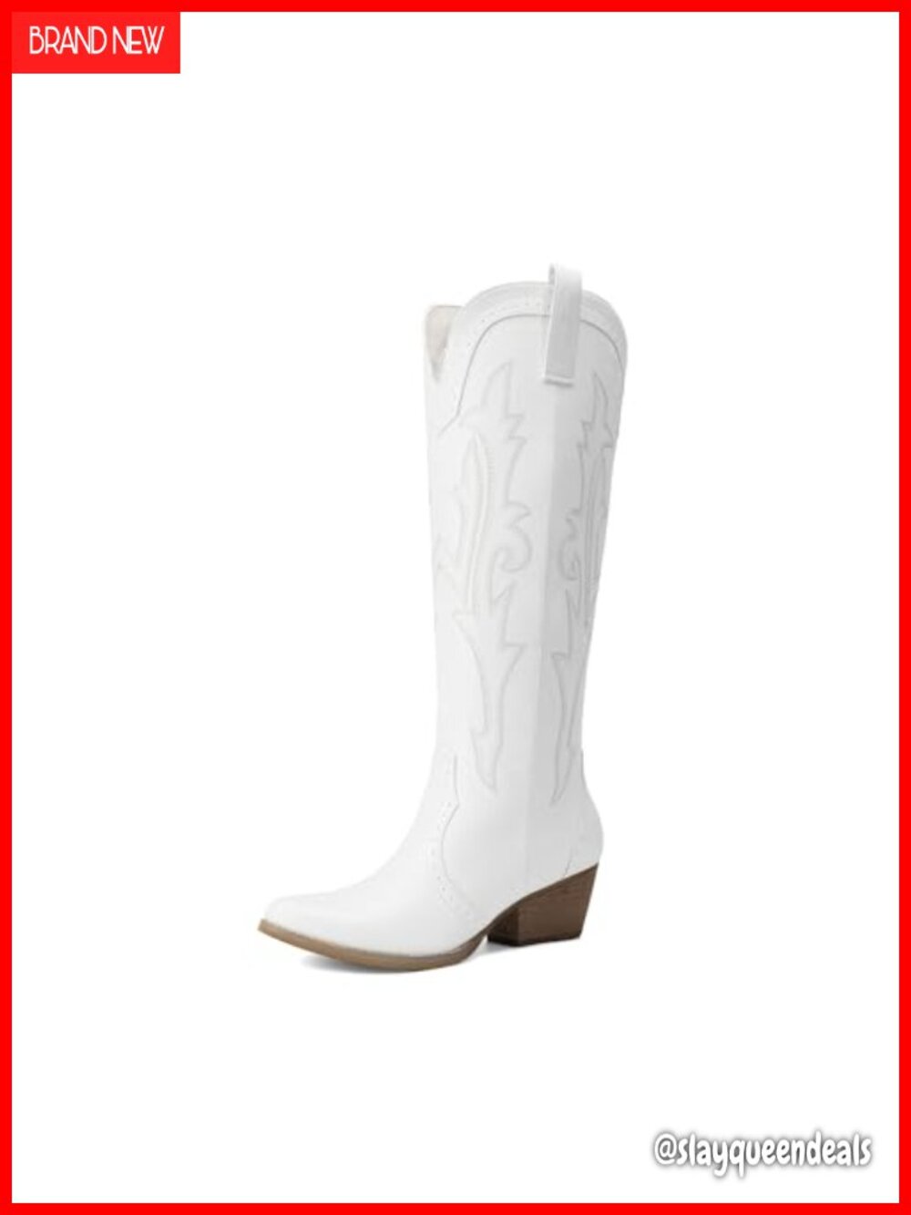 Faux Leather Knee-High Western Boots with Embroidered Feather Design